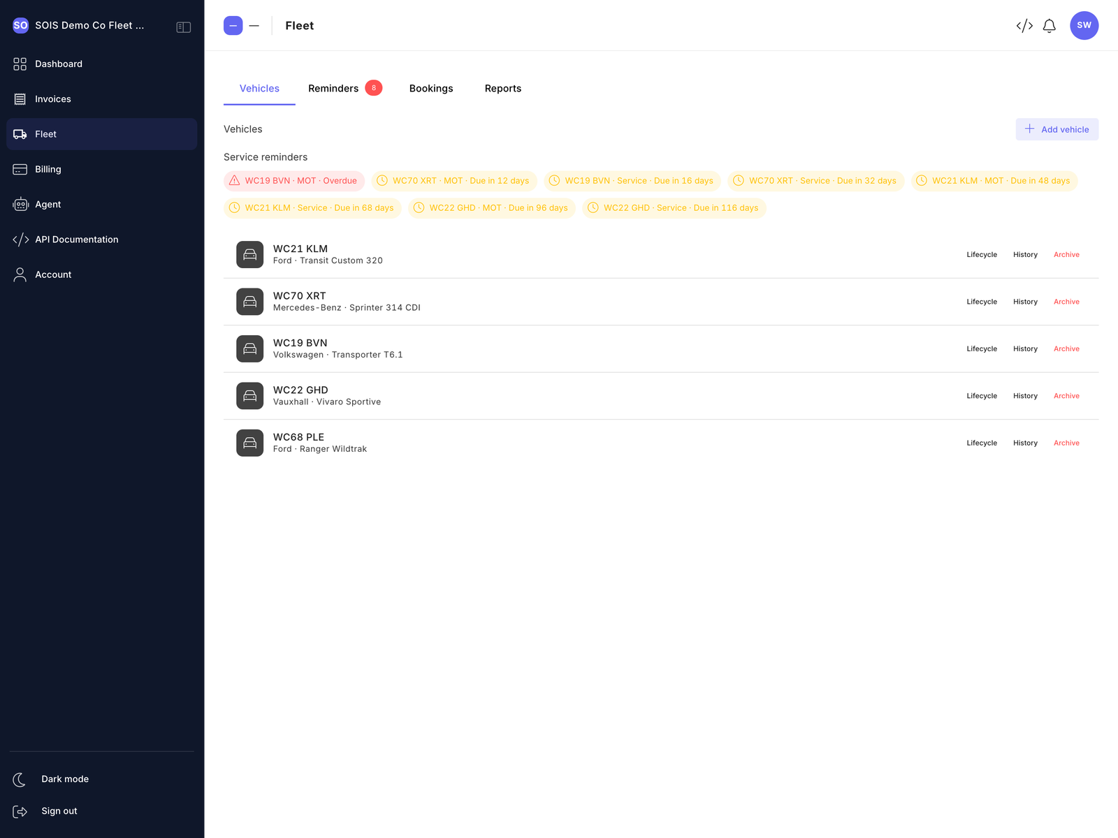 A fleet customer's private Requex portal listing their vehicles and service reminders